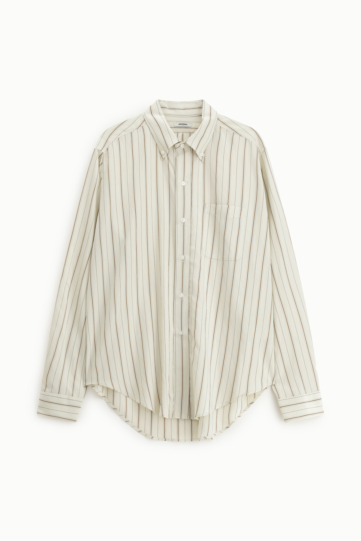 Cream long-sleeved button-down shirt with thin vertical stripes, chest pocket and curved hem, laid flat on white background