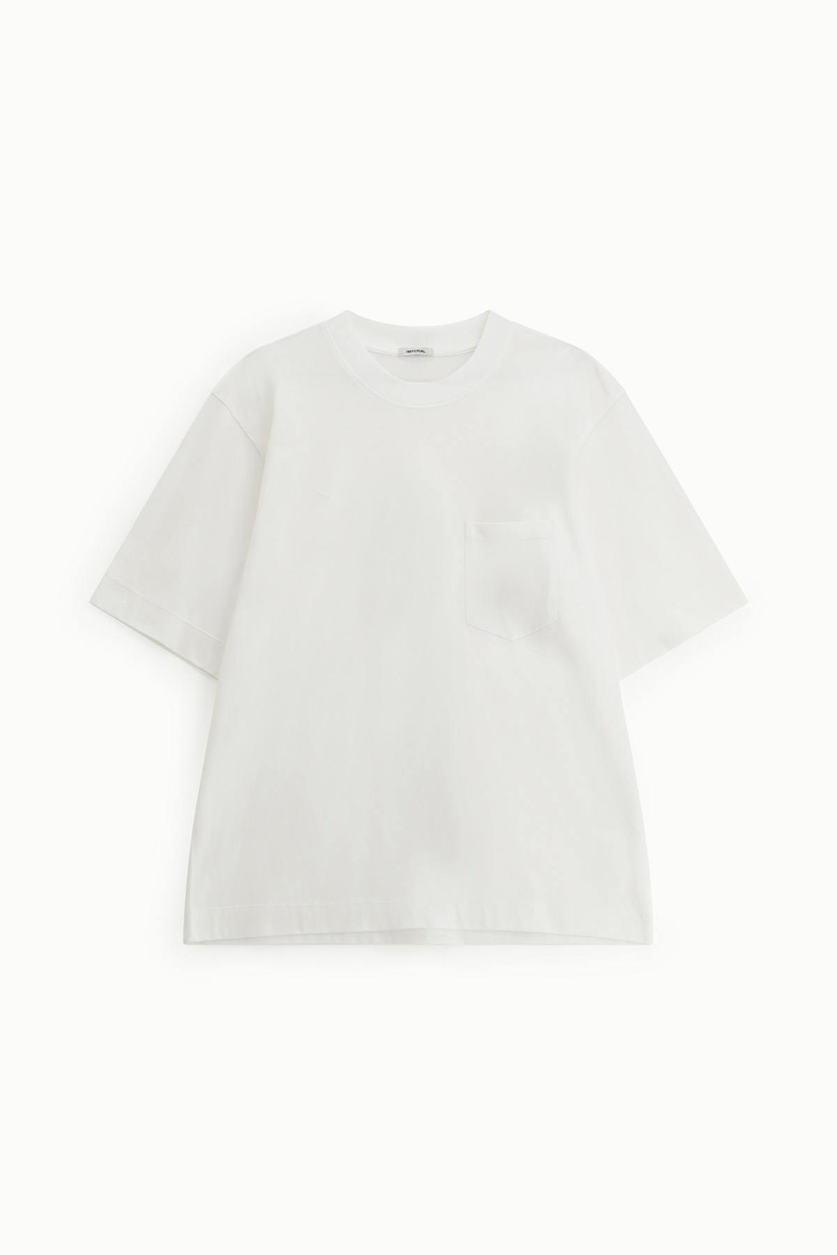 White cotton short-sleeve crew-neck T-shirt with chest pocket laid flat on white background