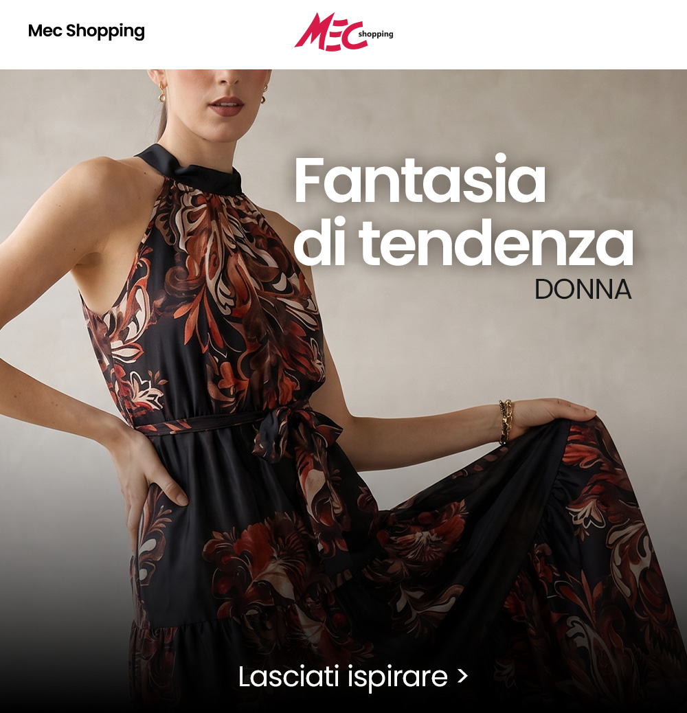 Woman modelling a black floral halter-neck dress holding the skirt — MEC Shopping banner promoting women's trendy printed dresses