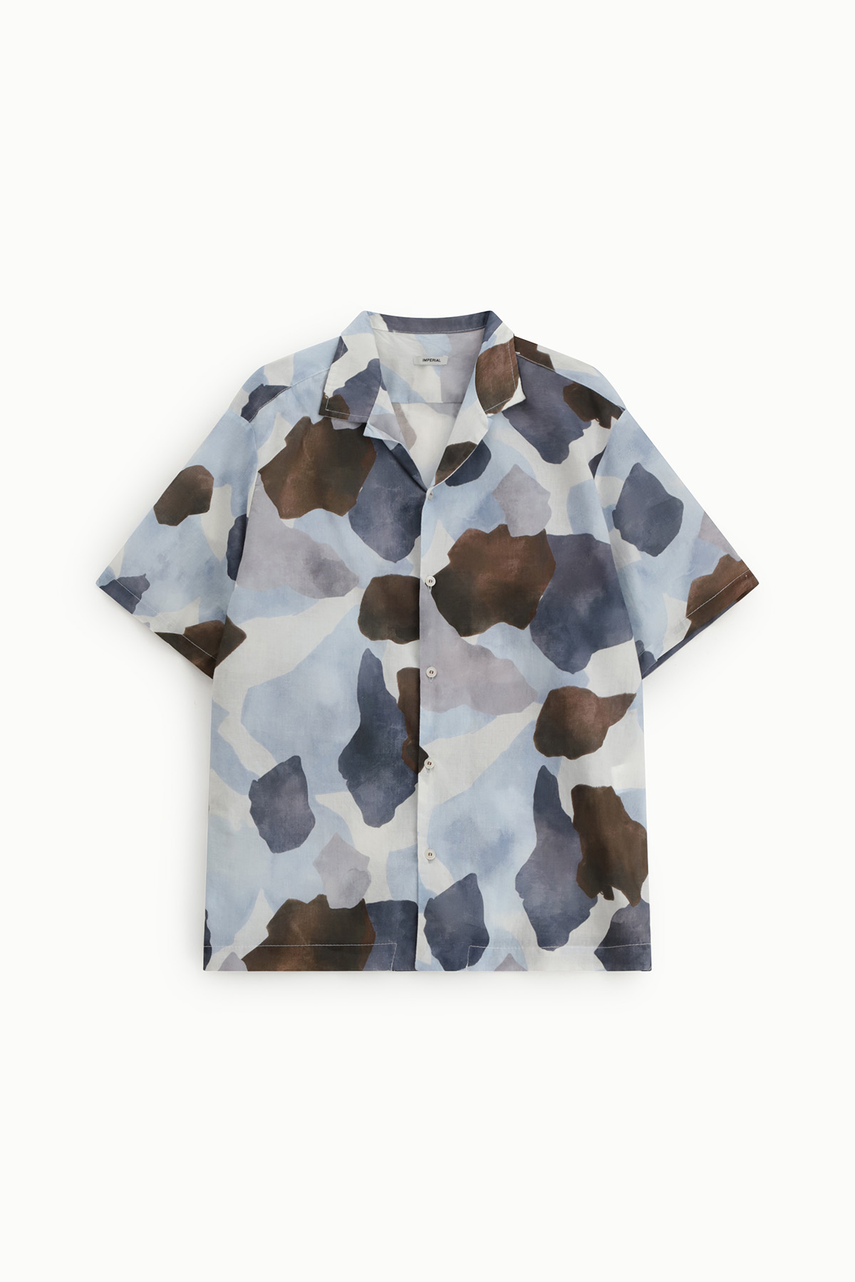 Men's short-sleeved button-down shirt with blue and brown watercolour camouflage print on light background