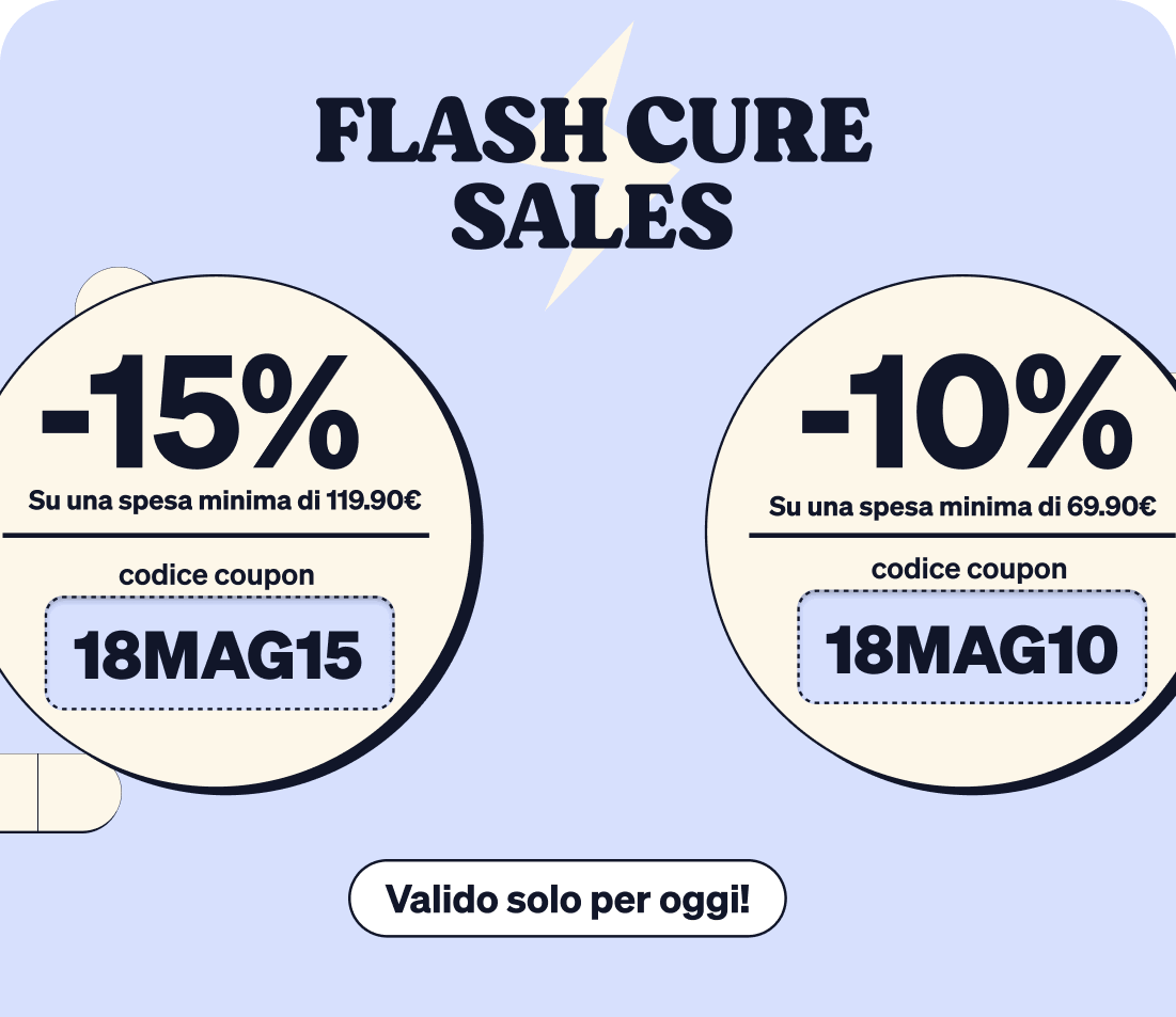 Repeated 'FLASH CURE SALES' badges on light blue background showing -15% and -10% discount coupons with codes 18MAG15 and 18MAG10