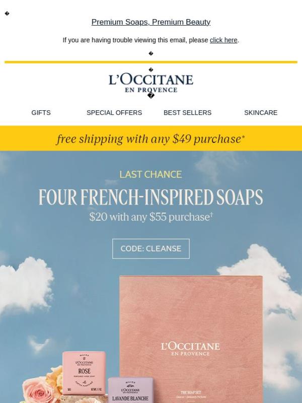 Four Travel Ready Soaps For $20 with $55 Purchase