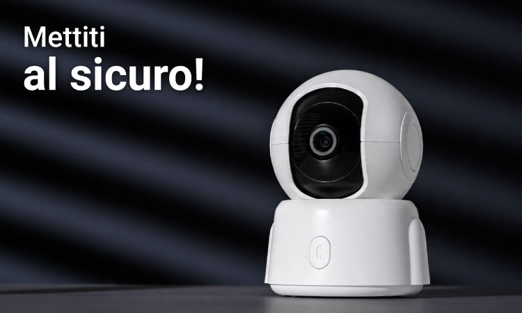 White indoor smart security camera on dark background beside Italian text "Mettiti al sicuro!"
