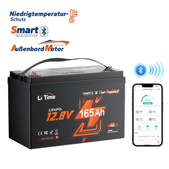 LiTime Batteria LiFePO4 12V 165Ah a doppio uso con 1200 CCA e autoscaldamento per camper e applicazioni marine