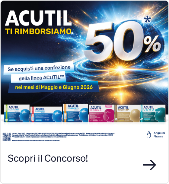 ACUTIL promotional banner: 50% cashback offer on Acutil product line May–June 2026, showing product boxes and Angelini Pharma logo
