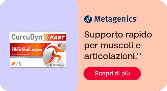 “Confezione CurcuDyn Fast di Metagenics per articolazioni e muscoli su sfondo colorato. Testo: ‘Supporto rapido per muscoli e articolazioni’ con pulsante ‘Scopri di più’.” “Confezione CurcuDyn Fast di Metagenics per articolazioni e muscoli su sfondo colorato. Testo: ‘Supporto rapido per muscoli e articolazioni’ con pulsante ‘Scopri di più’.”
