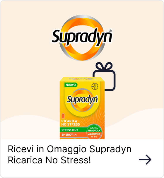 Supradyn logo above a yellow Supradyn 'Ricarica No Stress' supplement box with a gift icon and Italian promotional text offering a free gift