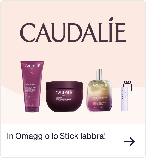 Caudalie skincare collection: body lotion, body cream, face and body oil plus free lip balm displayed under brand logo