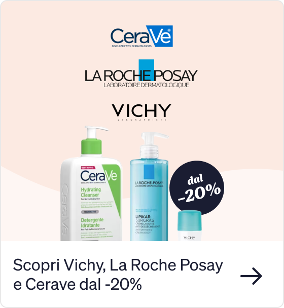 CeraVe, La Roche-Posay and Vichy skincare bottles with 20% off badge on a pale background
