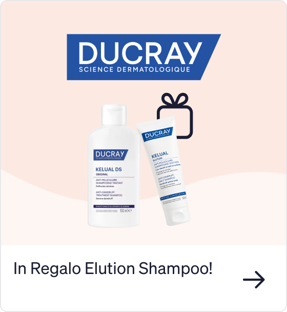 DUCRAY logo with Kelual DS anti-dandruff shampoo bottle and Kelual cream tube beside gift icon on pale background