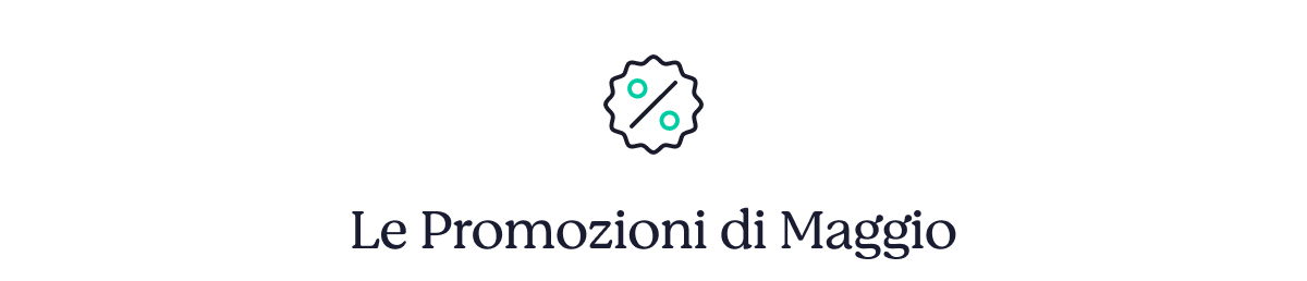 Discount badge icon above heading 'Le Promozioni di Maggio' (May promotions)