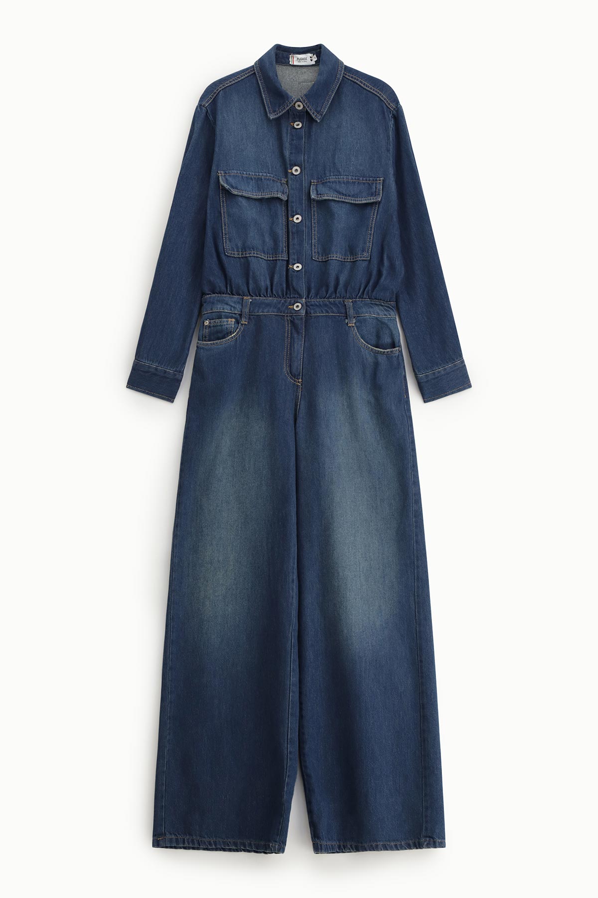 Dark blue long-sleeve denim jumpsuit with button-front, chest flap pockets, cinched waist and wide-leg trousers