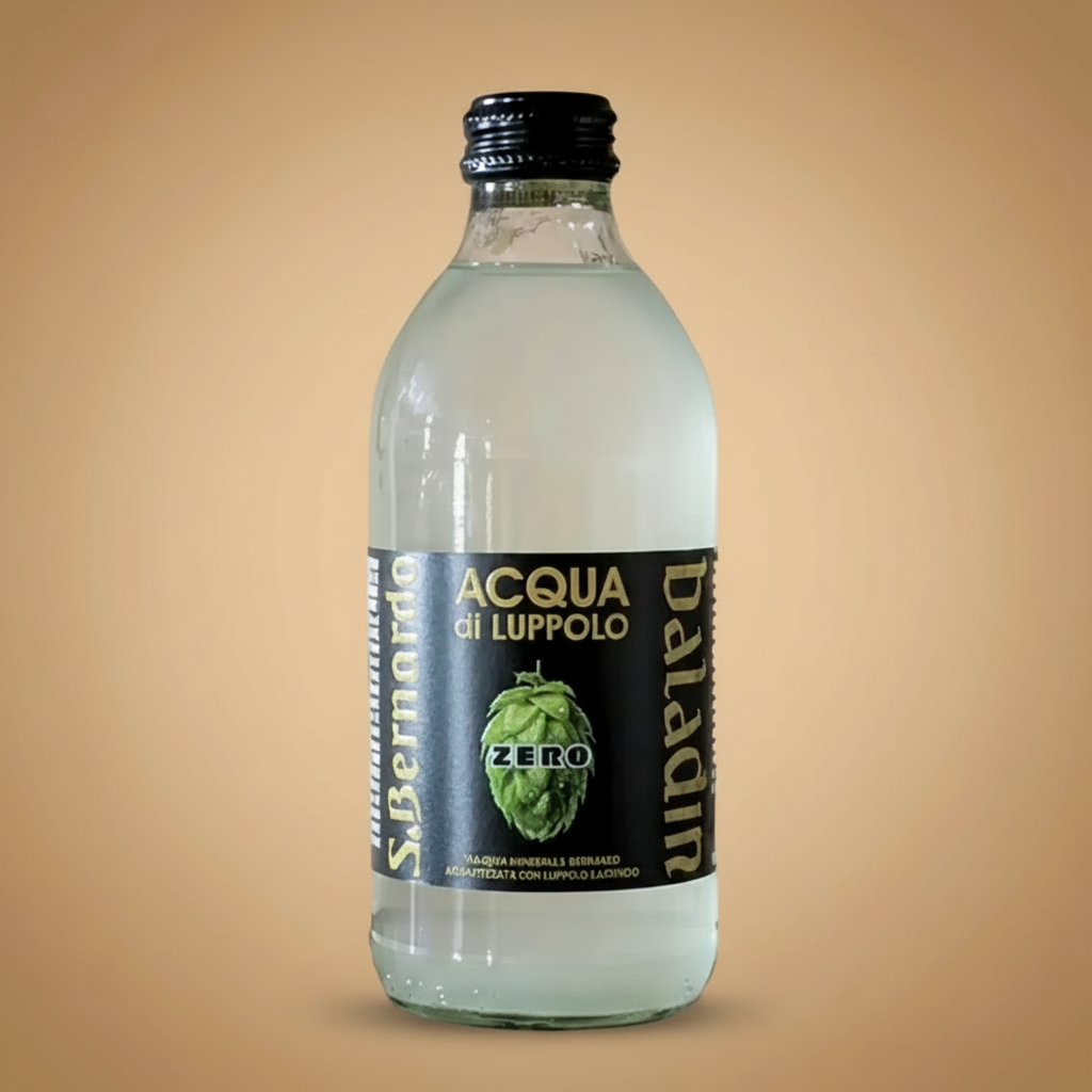 A bottle of Acqua di Luppolo zero-calorie mineral water with a hop image.