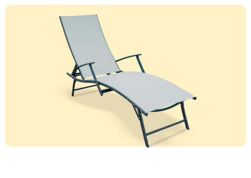 Adjustable outdoor reclining sun lounger with grey mesh fabric and dark metal frame, curved seat and armrests