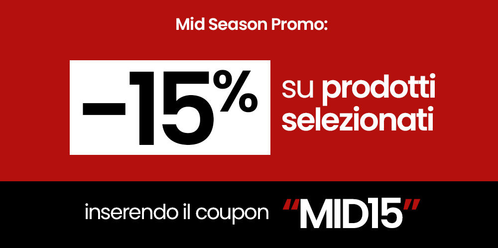 Mid Season promo banner: -15% off selected products — use coupon code MID15