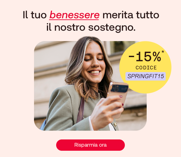 “Donna sorridente mentre usa lo smartphone. Testo: ‘Il tuo benessere merita tutto il nostro sostegno’. Offerta -15% con codice SPRINGFIT15 e pulsante ‘Risparmia ora’.” “Donna sorridente mentre usa lo smartphone. Testo: ‘Il tuo benessere merita tutto il nostro sostegno’. Offerta -15% con codice SPRINGFIT15 e pulsante ‘Risparmia ora’.”