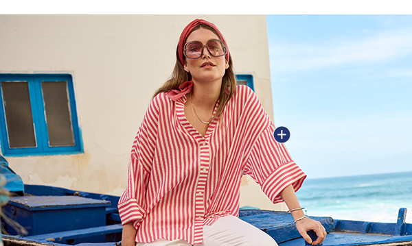 Blusa dal taglio oversize con righe, scollo a V e maniche a 3/4