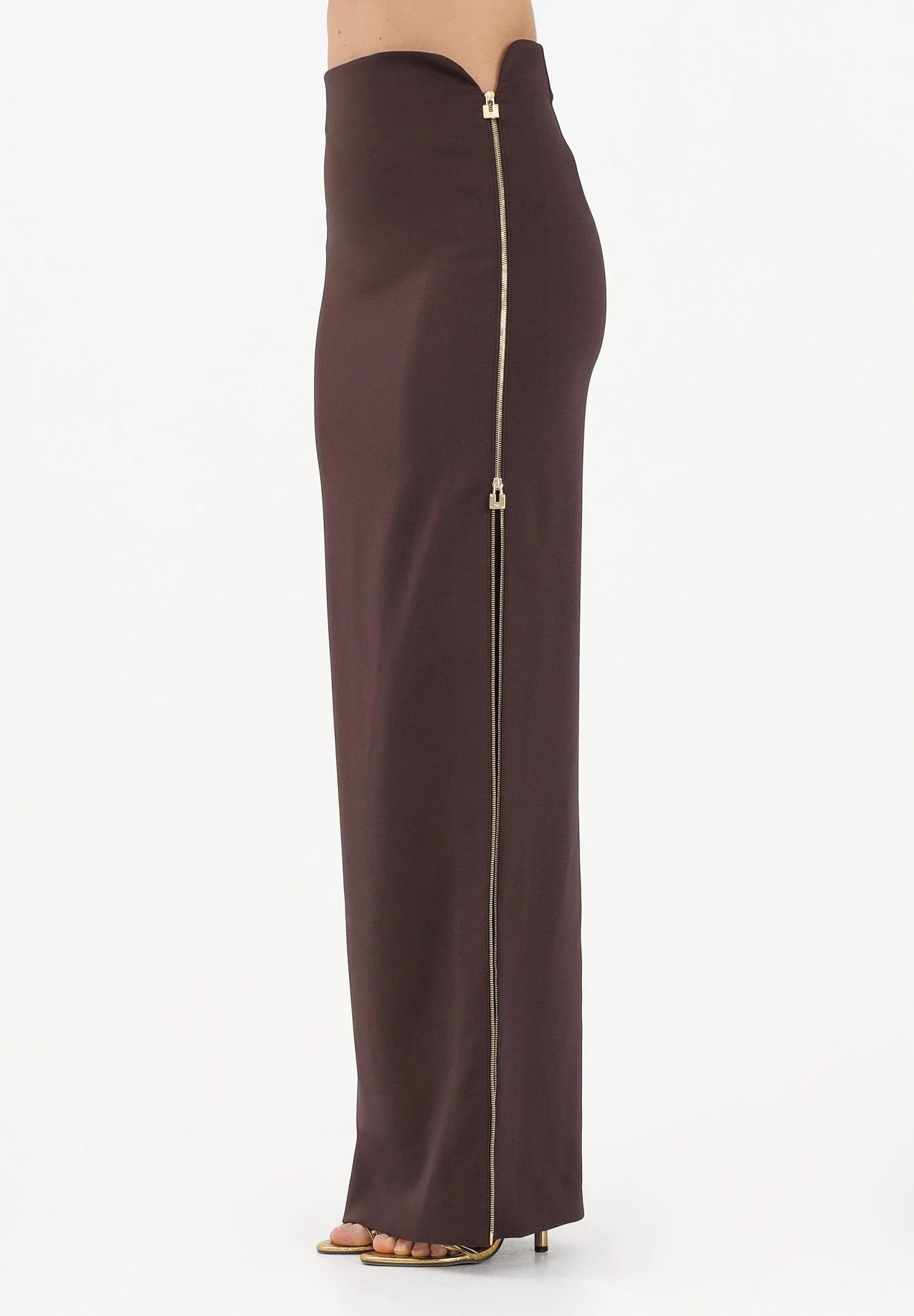 Image of ELISABETTA FRANCHI Gonna lunga cacao da donna con zip gioiello
