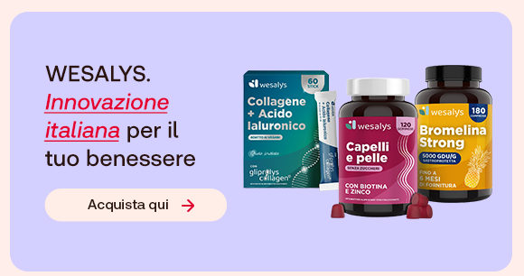 “Integratori Wesalys (collagene, capelli e pelle, bromelina) su sfondo lilla. Testo: ‘Wesalys. Innovazione italiana per il tuo benessere’ con pulsante ‘Acquista qui’.” “Integratori Wesalys (collagene, capelli e pelle, bromelina) su sfondo lilla. Testo: ‘Wesalys. Innovazione italiana per il tuo benessere’ con pulsante ‘Acquista qui’.”