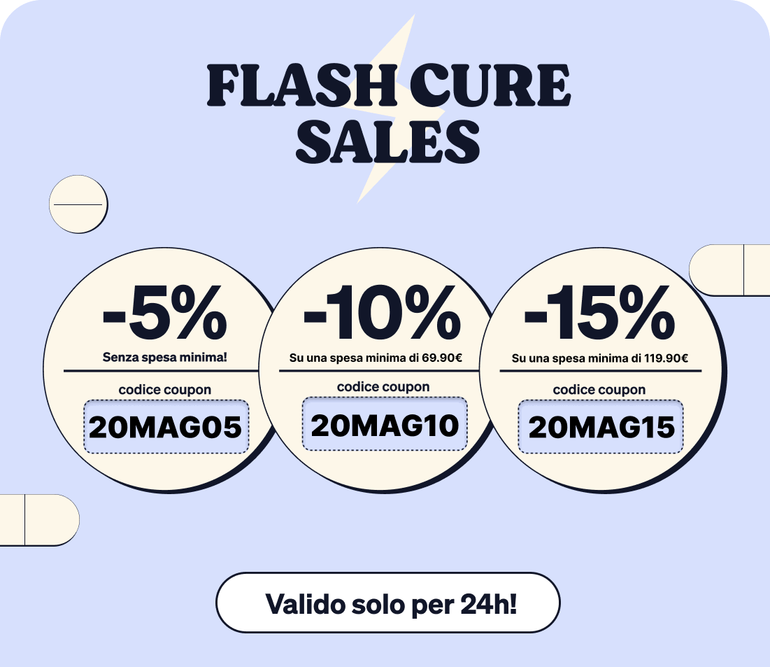 Grid of blue 'FLASH CURE SALES' banners with -5%, -10%, -15% discount badges and coupon codes 20MAG05/20MAG10/20MAG15; 24h offer