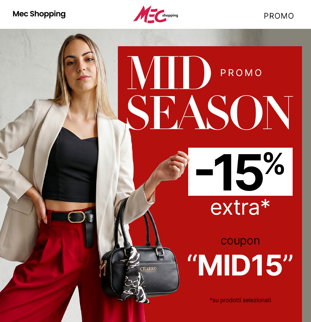 Woman modelling beige blazer, black top and red trousers holding a black handbag beside red mid-season promo banner showing -15% extra with coupon MID15