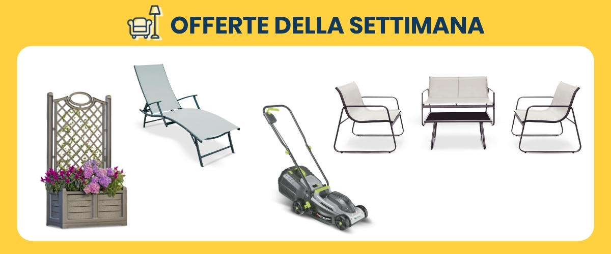 Weekly offers: garden planter with trellis, reclining sun lounger, electric lawnmower and outdoor seating set with table