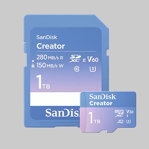 Una scheda SanDisk Creator SD UHS-II da 1 TB e una scheda microSD SanDisk Creator da 1 TB, che mostrano le velocit&agrave; di lettura/scrittura e le specifiche di formato.