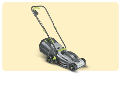 Battery-powered electric lawn mower with grey and lime-green body and rear grass collector on a pale cream background