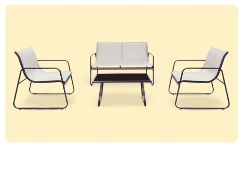 Modern outdoor patio furniture set with two armchairs, a two-seater sofa and centre coffee table on pale yellow background