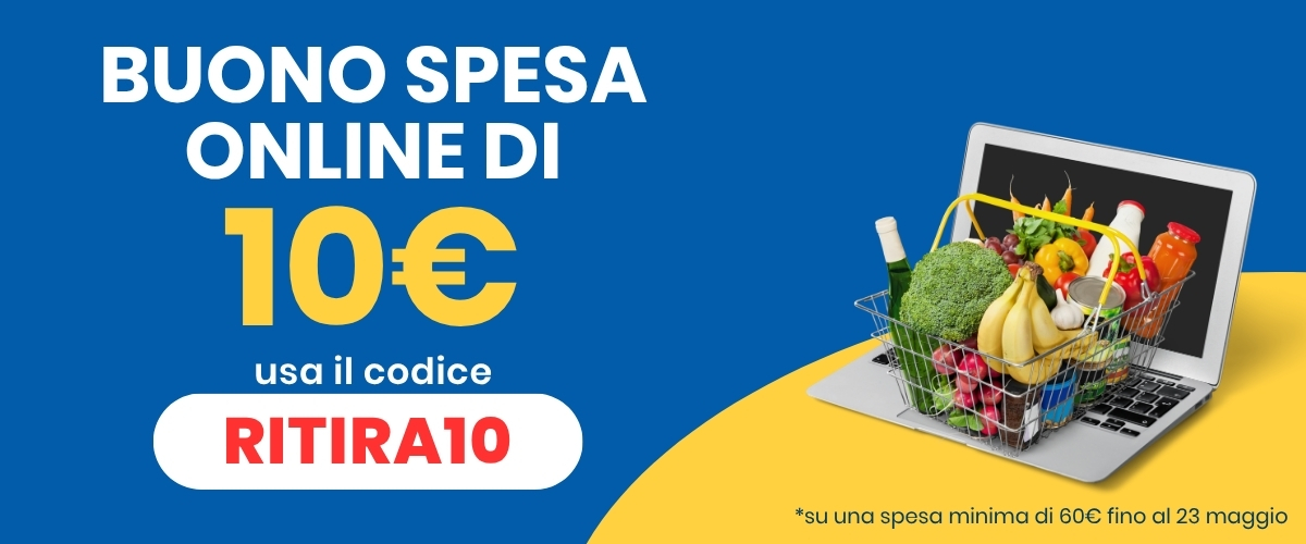 Promotional banner for a €10 online grocery voucher using code RITIRA10, showing a laptop with a grocery basket