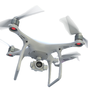 Primo piano di un drone bianco con quattro eliche e una telecamera centrale.