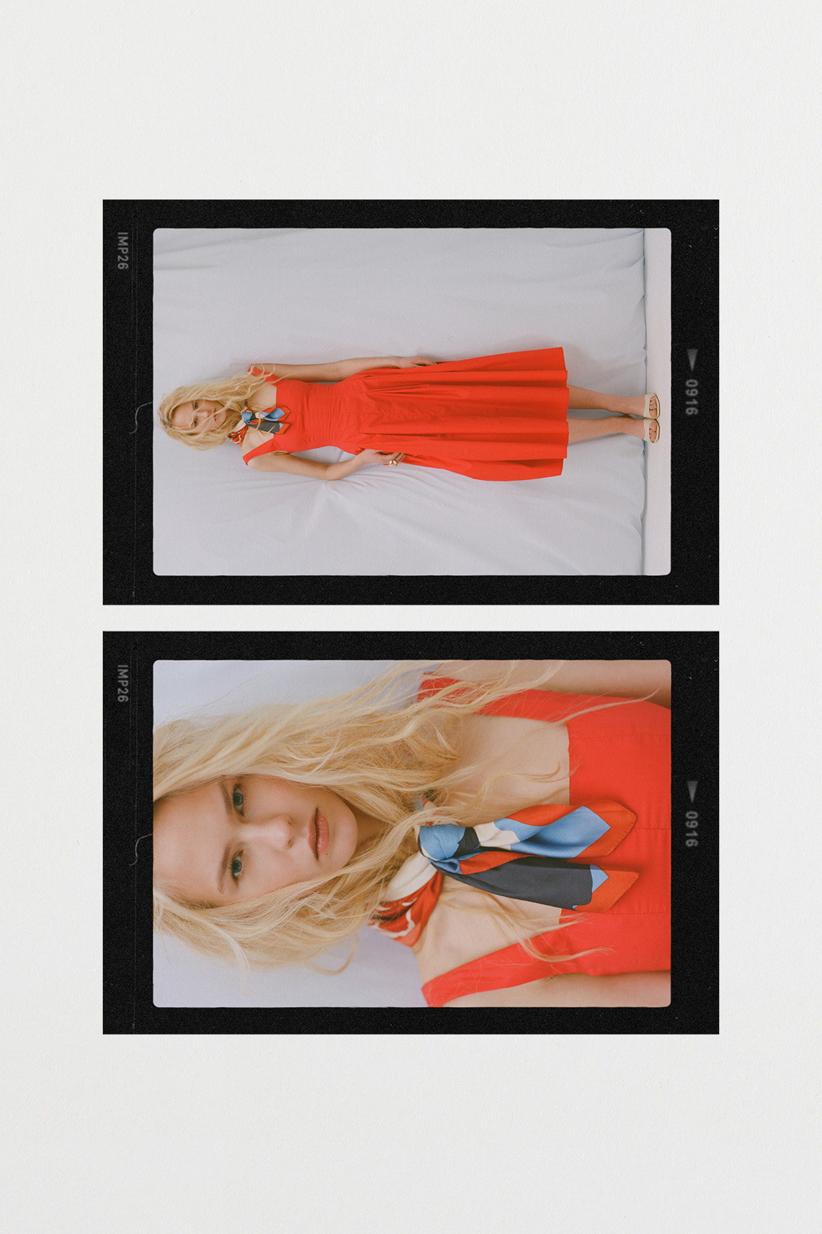 Blonde woman in red midi dress with patterned silk scarf, shown in full-length and close-up film-frame-style photos
