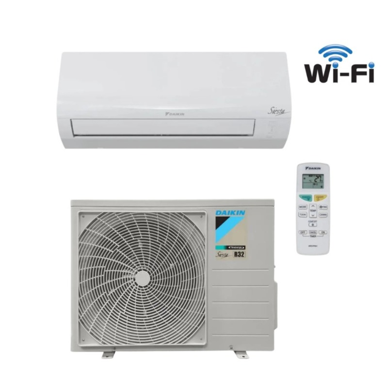 Daikin split air conditioning system with white wall-mounted indoor unit, outdoor condenser, remote control and Wi‑Fi icon