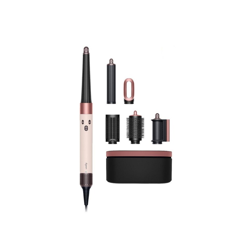 Multi-function hair styler set with curling barrels, round brushes and storage case in rose gold and black on white background