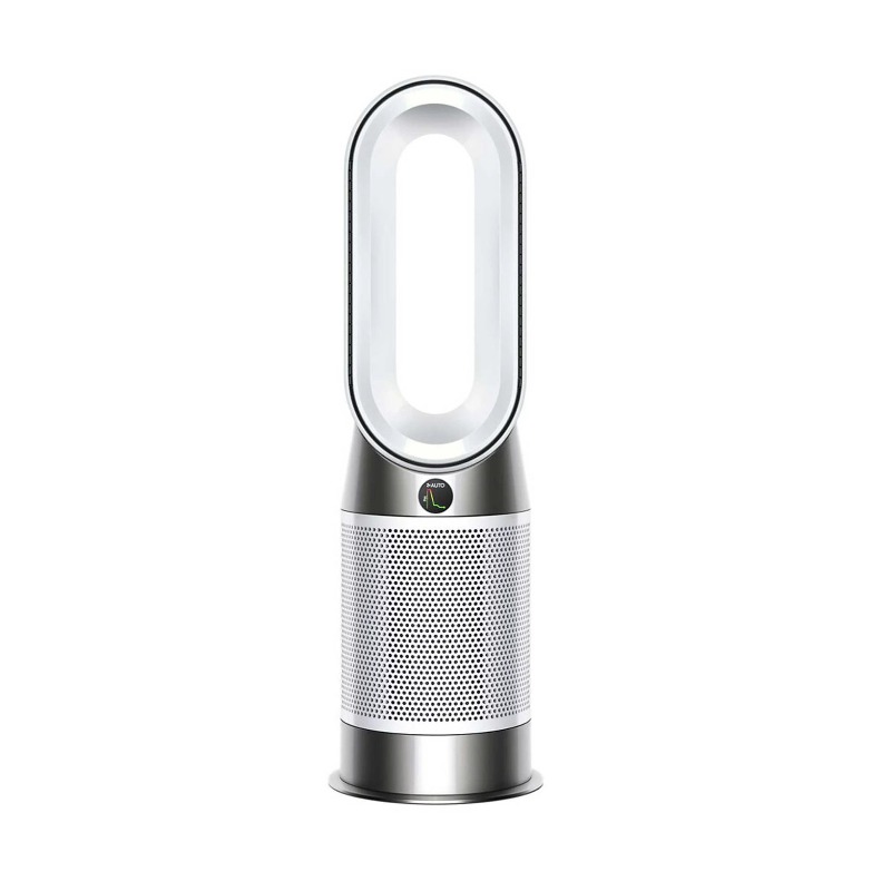Silver bladeless tower air purifier and fan with oval loop design, perforated HEPA filter housing and small digital display