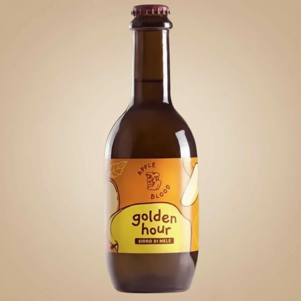 Bottle of "Golden Hour" apple cider with "Apple Blood" branding.