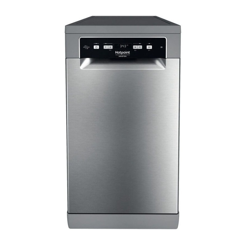 Slim stainless-steel freestanding dishwasher with digital control panel and recessed handle, modern Hotpoint Ariston design