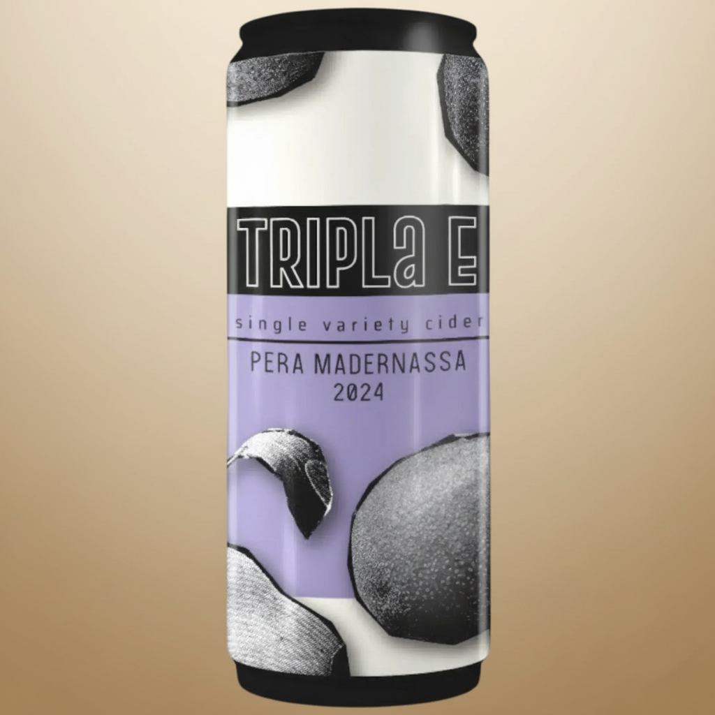 A can of TRIPLE E single variety cider, Pera Madernassa 2024, with pear illustrations.