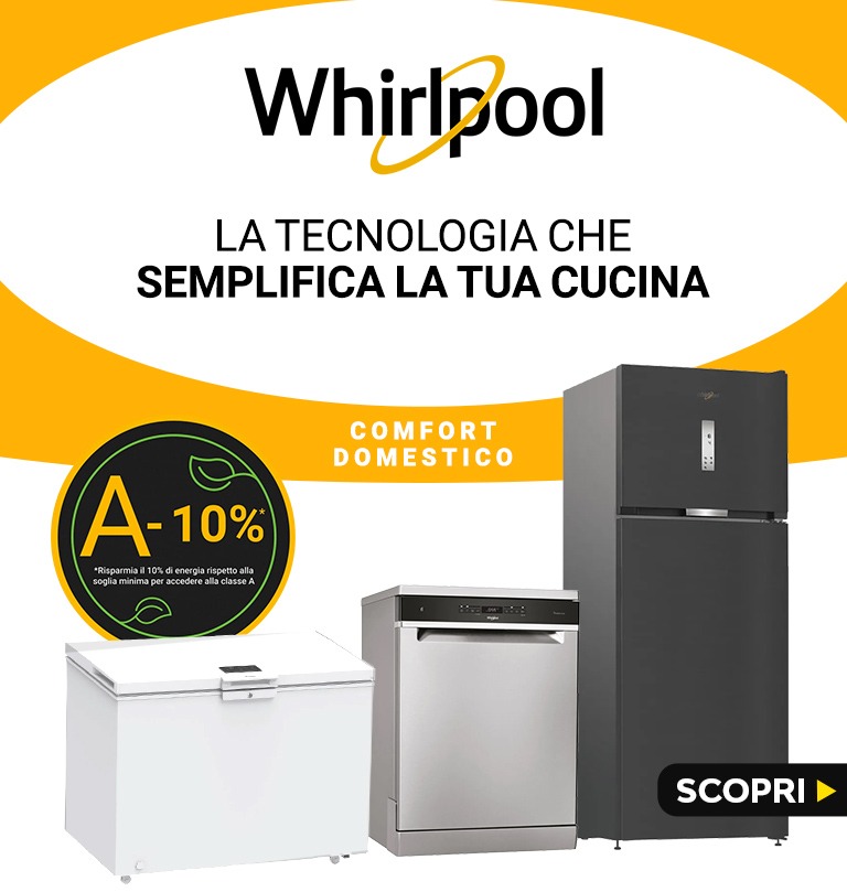 Whirlpool ad showing fridge, dishwasher and chest freezer, energy A-10% badge and slogan 'technology that simplifies your kitchen'