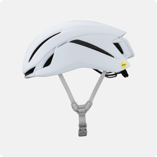 White S-Works road cycling helmet with MIPS yellow tag, aerodynamic vents and adjustable grey chin strap