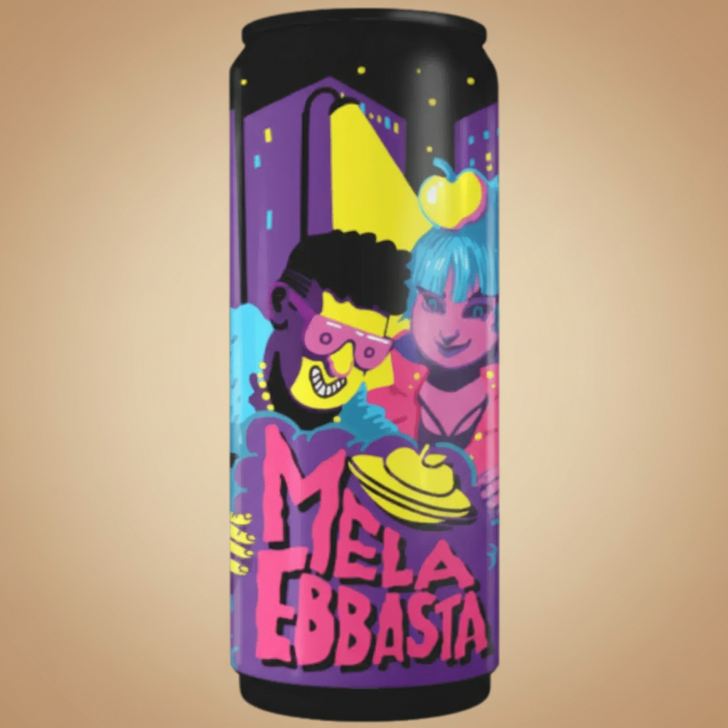 A can with a colorful, cartoonish design of two people and the text "MELA EBBASTA".