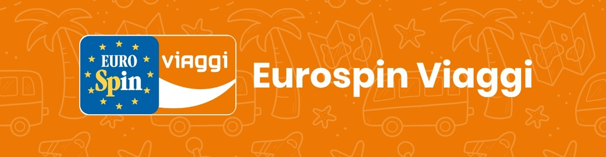 Eurospin Viaggi logo on orange travel-themed background with bus, suitcase and palm-tree icons