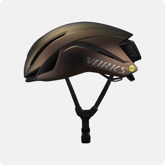 S-Works aerodynamic cycling helmet in metallic bronze with MIPS sticker, side view showing adjustable chin strap