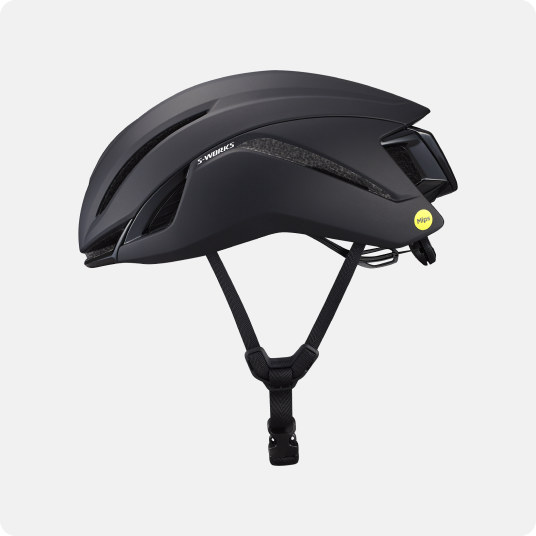 Matte black S-Works road cycling helmet with MIPS safety system, aerodynamic vents and adjustable chin strap
