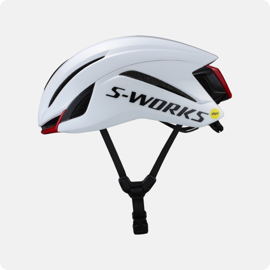 White S-Works aerodynamic cycling helmet with MIPS logo, black chin straps and red rear reflector on white background