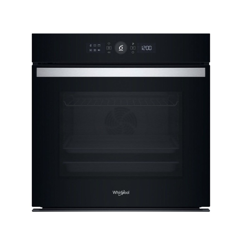 Black built-in Whirlpool electric oven with touchscreen digital display, stainless-steel handle and glass door