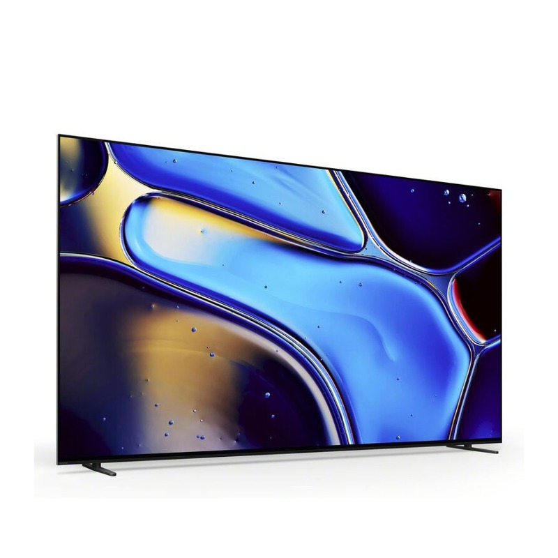 Slim flat-screen television with ultra-thin bezels on V-shaped stand displaying blue and gold abstract wallpaper