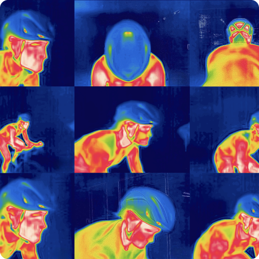 Thermal camera collage showing multiple colourised infrared images of a cyclist wearing a helmet from various angles