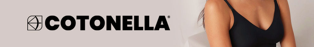 Cotonella logo beside a woman modelling a black seamless camisole top