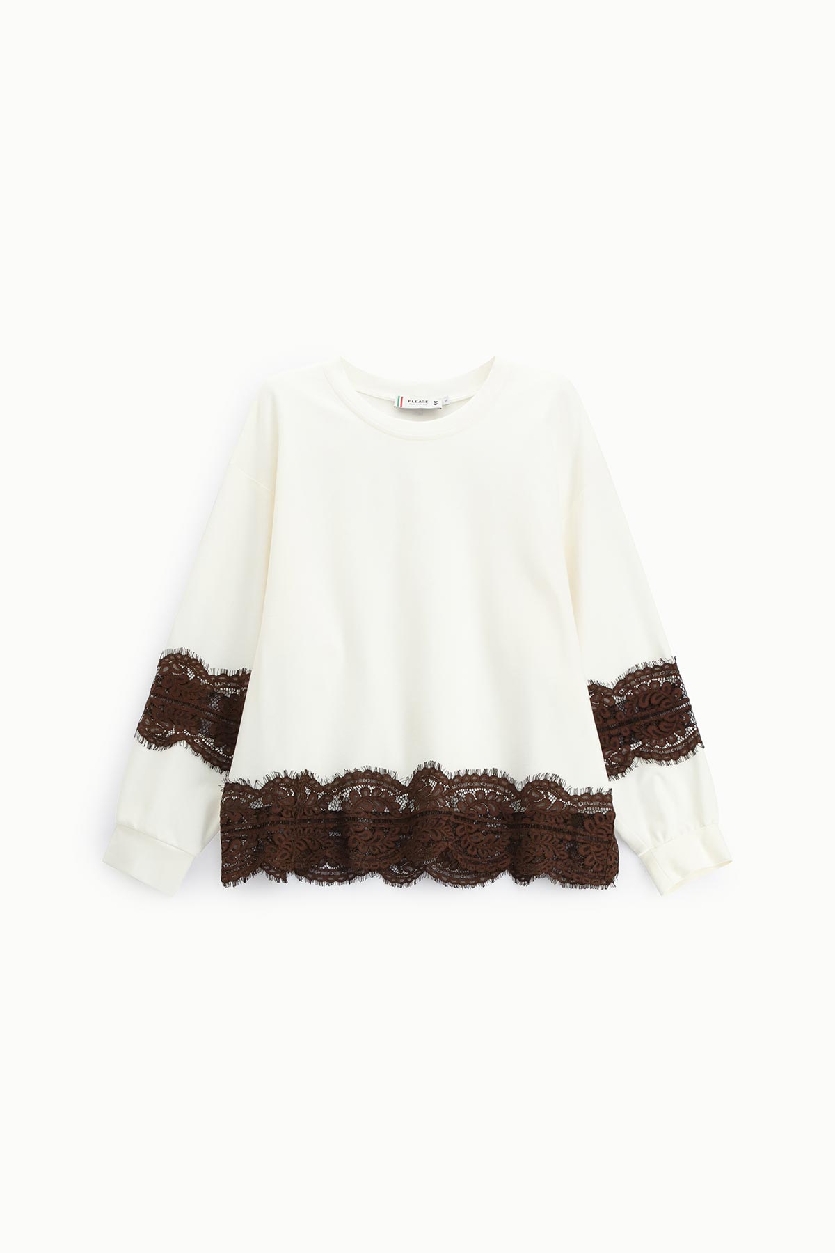 Cream long-sleeve sweatshirt with wide brown scalloped lace trim at hem and around sleeves, crew neck